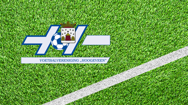 Logo voetbalclub Hoogeveen - VV Hoogeveen - Voetbalvereniging Hoogeveen - in kleur op grasveld met witte lijn - 600 * 337 pixels